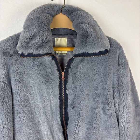 Elevenses Bristol Blue Gray Faux Fur Zip Bomber Jacket - Picture 3 of 7